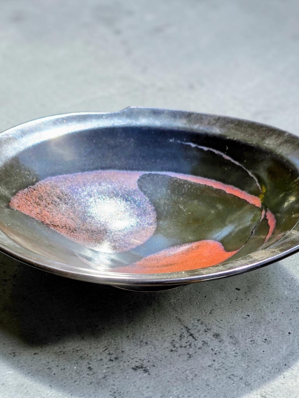 Handmade Pottery Art Bowl in Iridescent Black with Caramel Accents